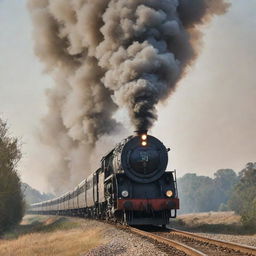 A roaring train releasing puffs of smoke from its front, set against a tranquil background.