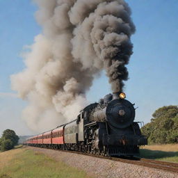 A roaring train releasing puffs of smoke from its front, set against a tranquil background.