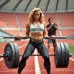 In a vibrant Track and Field Stadium, Wonder Woman, with blonde curly hair, is performing a deadlift