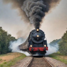 A roaring train releasing puffs of smoke from its front, set against a tranquil background.