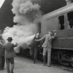 A vintage train belching smoke, with lively men dancing inside the moving train