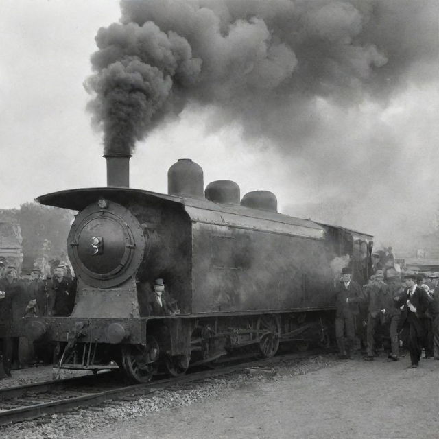 A vintage train belching smoke, with lively men dancing inside the moving train