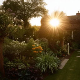 Cozy and charming homestead with a lush garden and ornamental pieces, bathed in warm sunset light.