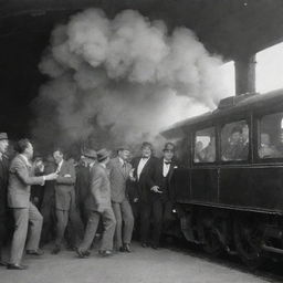 A vintage train belching smoke, with lively men dancing inside the moving train