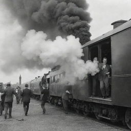 A vintage train belching smoke, with lively men dancing inside the moving train