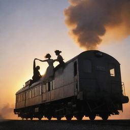 Dancers enjoying a passionate jive atop a moving train, the silhouette of the train against billowing smoke in the sunset sky.