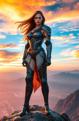 A powerful woman dressed in sleek, modern armor, halts in a dramatic pose atop a rocky cliff, overlooking a vast and breathtaking landscape