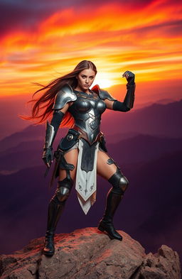 A powerful woman dressed in sleek, modern armor, halts in a dramatic pose atop a rocky cliff, overlooking a vast and breathtaking landscape
