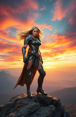 A powerful woman dressed in sleek, modern armor, halts in a dramatic pose atop a rocky cliff, overlooking a vast and breathtaking landscape