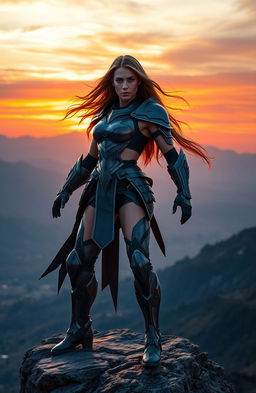 A powerful woman dressed in sleek, modern armor, halts in a dramatic pose atop a rocky cliff, overlooking a vast and breathtaking landscape