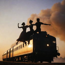 Dancers enjoying a passionate jive atop a moving train, the silhouette of the train against billowing smoke in the sunset sky.