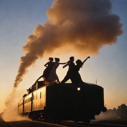 Dancers enjoying a passionate jive atop a moving train, the silhouette of the train against billowing smoke in the sunset sky.