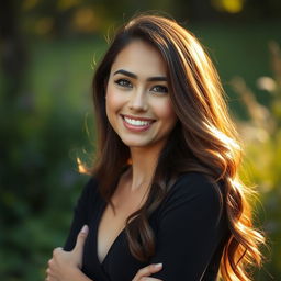 A beautiful, young woman with a radiant smile, embodying confidence and grace