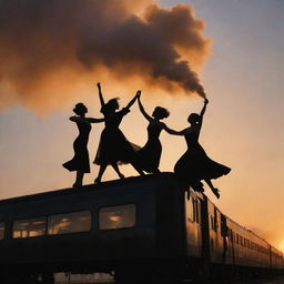 Dancers enjoying a passionate jive atop a moving train, the silhouette of the train against billowing smoke in the sunset sky.