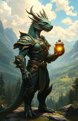 A majestic dragonian, a humanoid creature with scaly skin and dragon-like features, standing boldly at the edge of a forest, ready to begin his epic journey