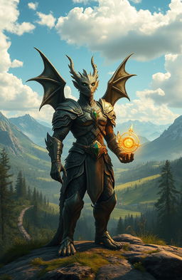 A majestic dragonian, a humanoid creature with scaly skin and dragon-like features, standing boldly at the edge of a forest, ready to begin his epic journey