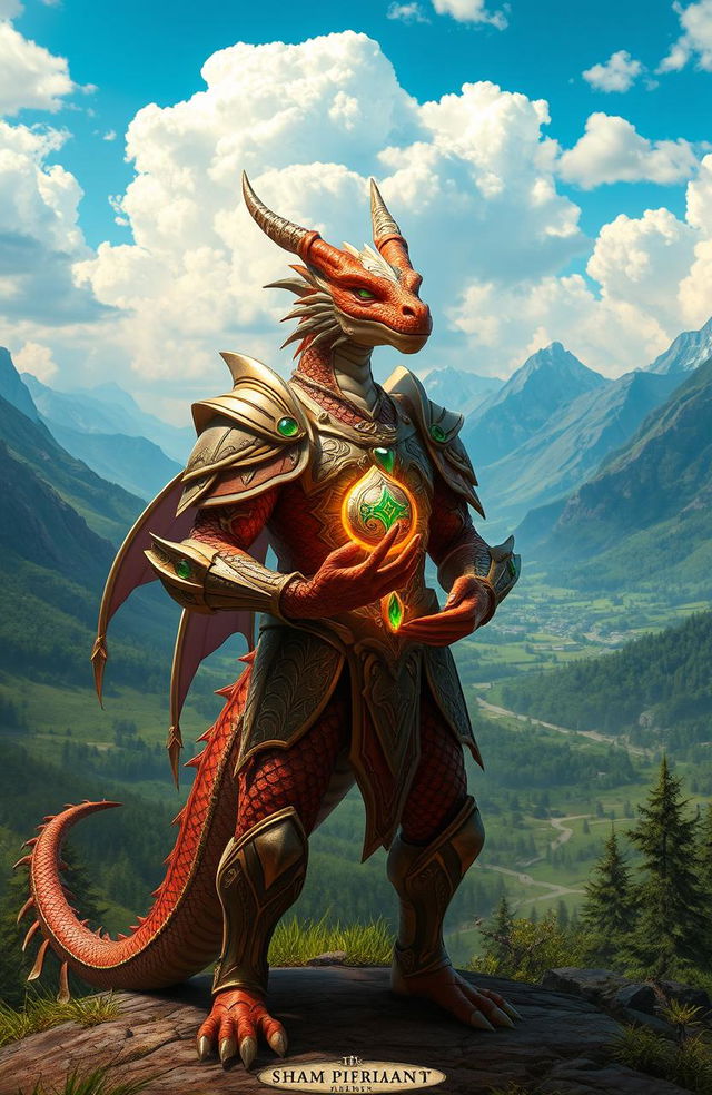 A majestic dragonian, a humanoid creature with scaly skin and dragon-like features, standing boldly at the edge of a forest, ready to begin his epic journey