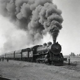 Vintage train billowing smoke with men working onboard