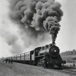 Vintage train billowing smoke with men working onboard