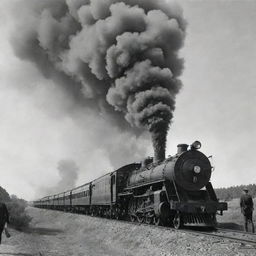 Vintage train billowing smoke with men working onboard