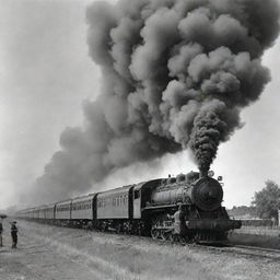 Vintage train billowing smoke with men working onboard