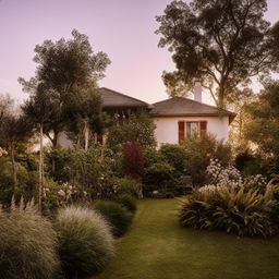 Cozy and charming homestead with a lush garden and ornamental pieces, bathed in warm sunset light.