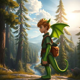 A young half-dragonian, a hybrid creature with both humanoid and dragon features, standing at the edge of a mystical forest, ready to embark on an exciting journey