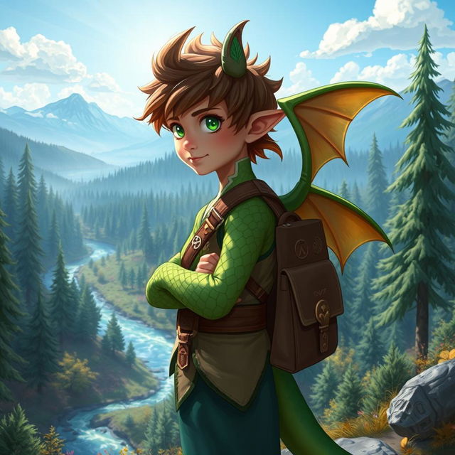 A young half-dragonian, a hybrid creature with both humanoid and dragon features, standing at the edge of a mystical forest, ready to embark on an exciting journey