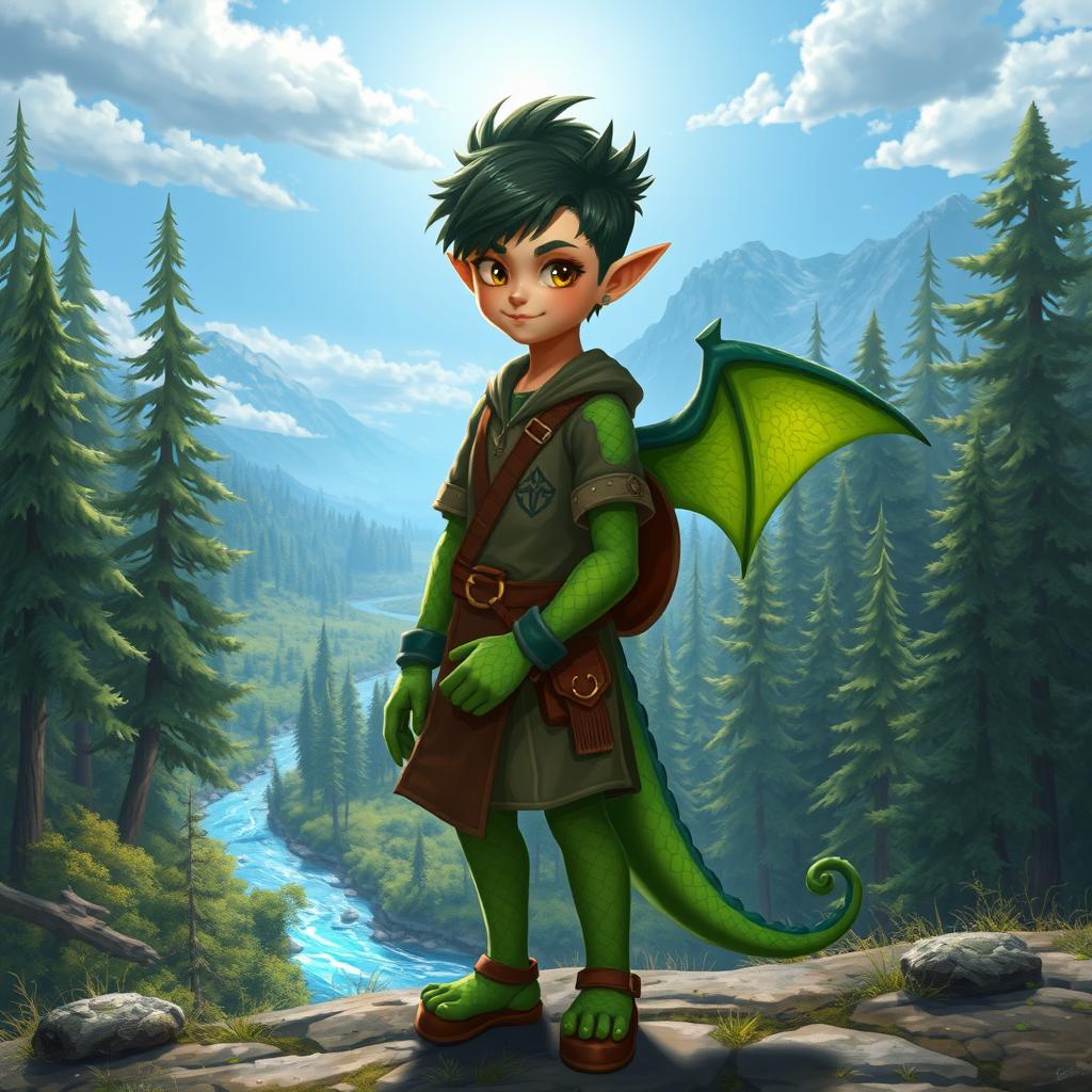 A young half-dragonian, a hybrid creature with both humanoid and dragon features, standing at the edge of a mystical forest, ready to embark on an exciting journey