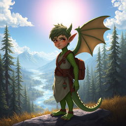 A young half-dragonian, a hybrid creature with both humanoid and dragon features, standing at the edge of a mystical forest, ready to embark on an exciting journey