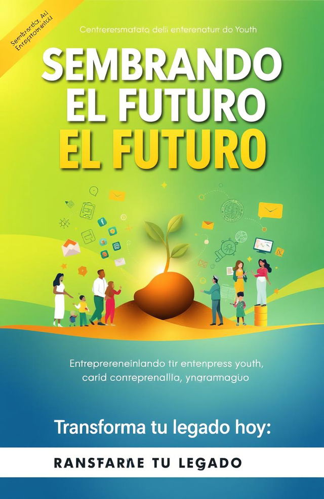 A vibrant ebook cover for "Sembrando el Futuro", focusing on transformation and entrepreneurship for parents and youth