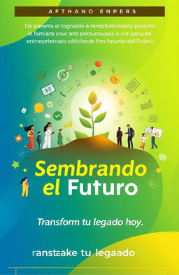 A vibrant ebook cover for "Sembrando el Futuro", focusing on transformation and entrepreneurship for parents and youth