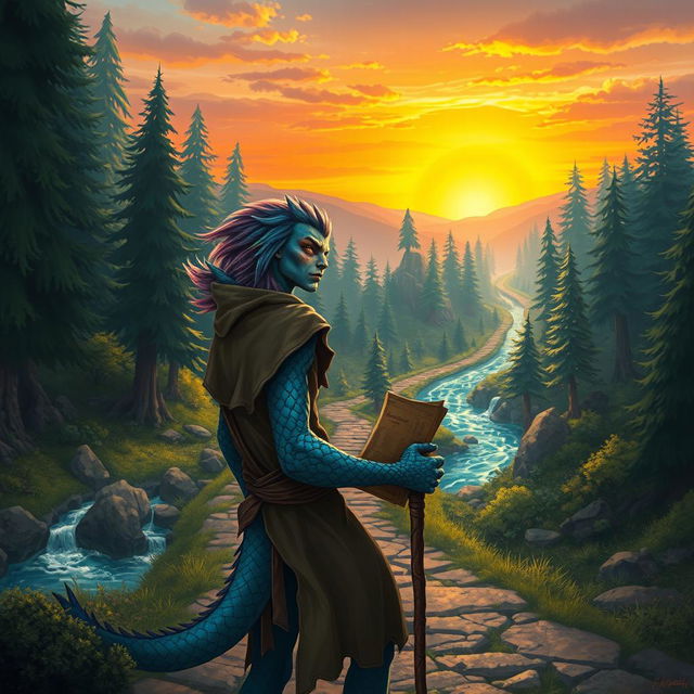 A half-dragonian, a captivating hybrid of human and dragon features, standing determinedly at the start of a winding path leading into a mystical landscape