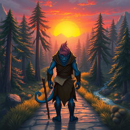 A half-dragonian, a captivating hybrid of human and dragon features, standing determinedly at the start of a winding path leading into a mystical landscape