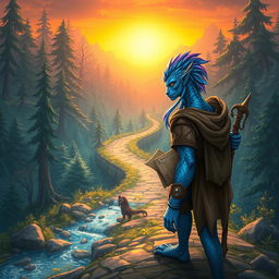 A half-dragonian, a captivating hybrid of human and dragon features, standing determinedly at the start of a winding path leading into a mystical landscape