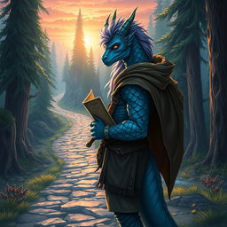 A half-dragonian, a captivating hybrid of human and dragon features, standing determinedly at the start of a winding path leading into a mystical landscape