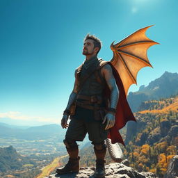 A half-dragonian standing on a rocky outcrop, gazing out into a breathtaking world full of adventure