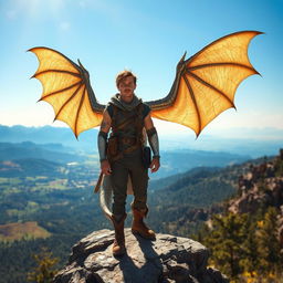 A half-dragonian standing on a rocky outcrop, gazing out into a breathtaking world full of adventure