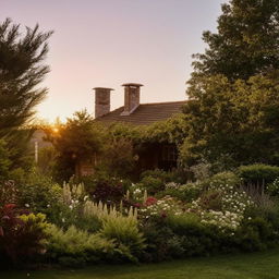 Cozy and charming homestead with a lush garden and ornamental pieces, bathed in warm sunset light.