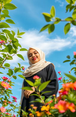 A serene landscape featuring a beautiful woman wearing a hijab, standing gracefully amidst lush greenery and vibrant flowers