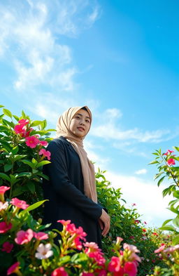 A serene landscape featuring a beautiful woman wearing a hijab, standing gracefully amidst lush greenery and vibrant flowers