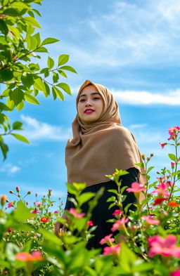 A serene landscape featuring a beautiful woman wearing a hijab, standing gracefully amidst lush greenery and vibrant flowers