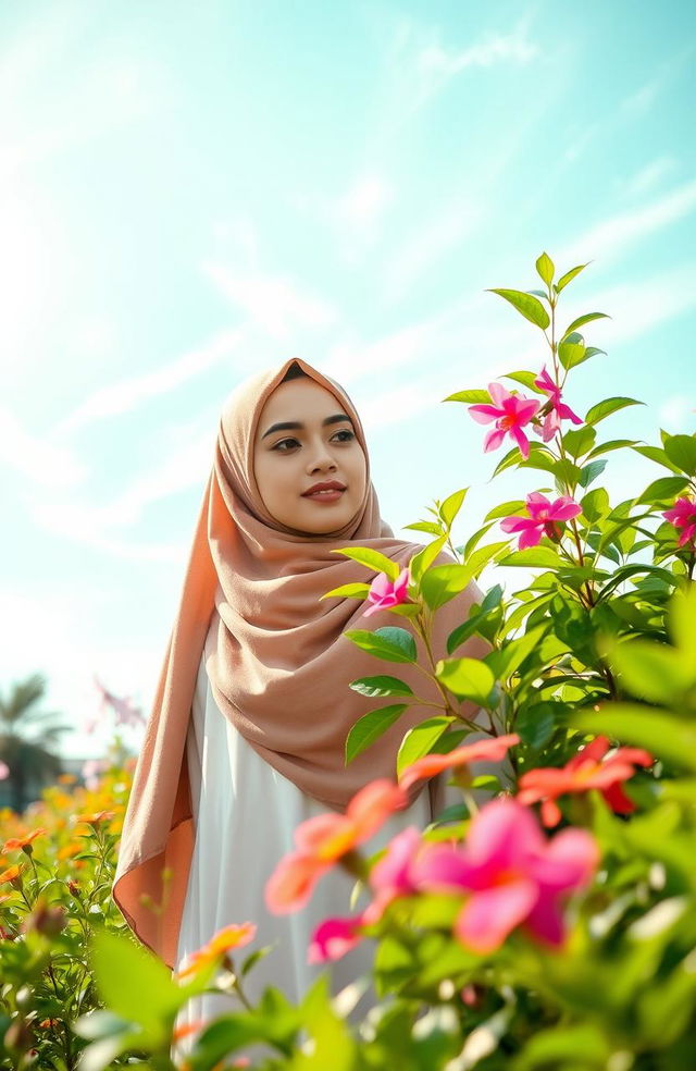 A serene landscape featuring a beautiful woman wearing a hijab, standing gracefully amidst lush greenery and vibrant flowers