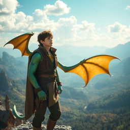 An 18-year-old half-dragonian, a striking blend of human and dragon characteristics, standing on a rocky ledge and gazing thoughtfully into a vast and enchanting world