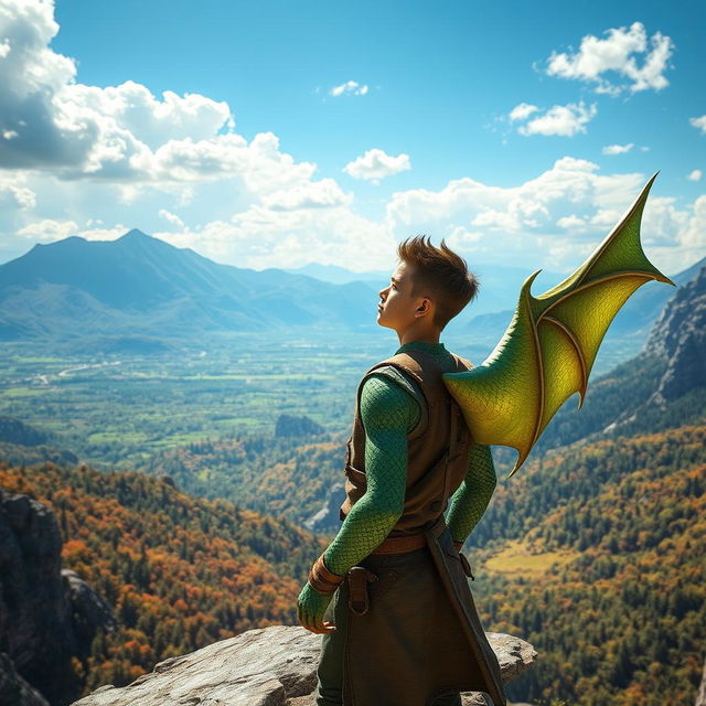 An 18-year-old half-dragonian, a striking blend of human and dragon characteristics, standing on a rocky ledge and gazing thoughtfully into a vast and enchanting world