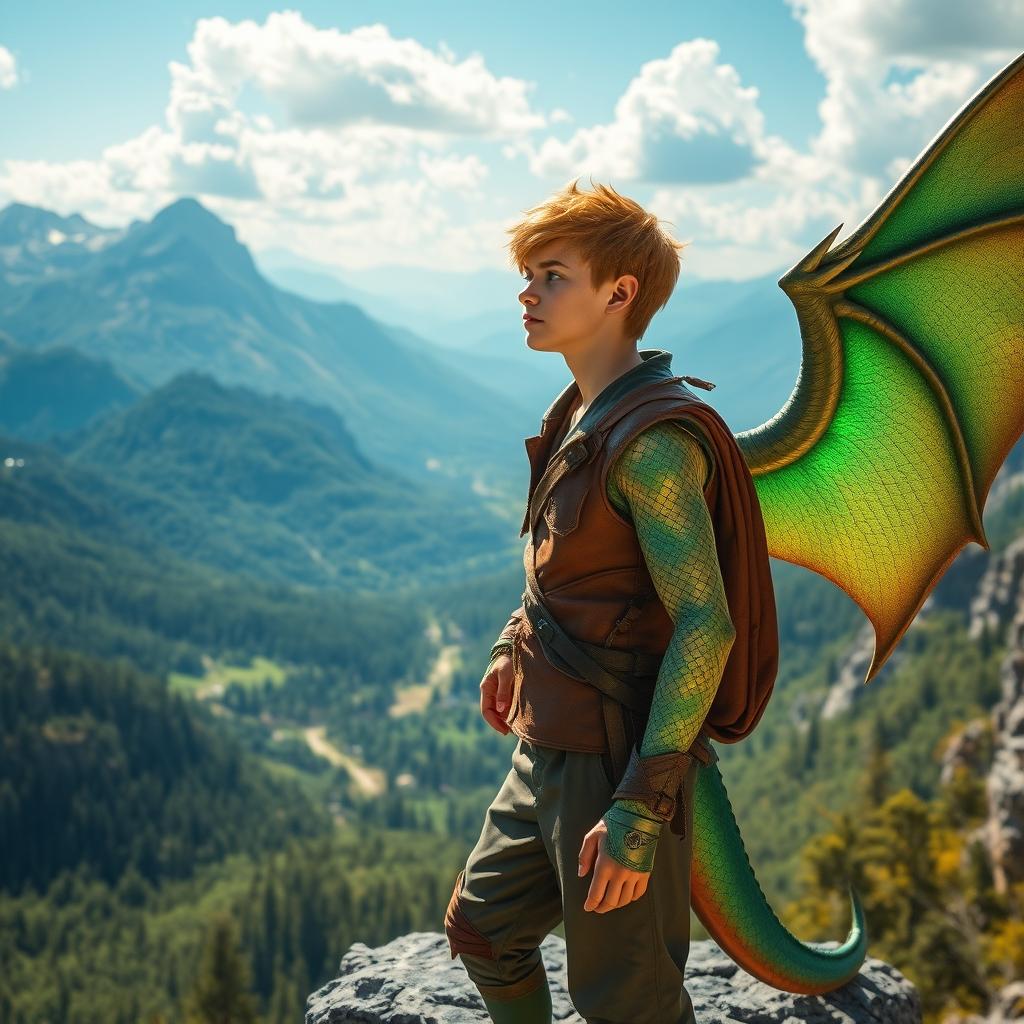 An 18-year-old half-dragonian, a striking blend of human and dragon characteristics, standing on a rocky ledge and gazing thoughtfully into a vast and enchanting world