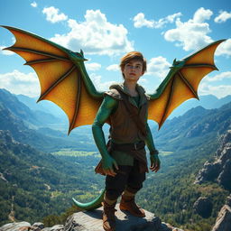 An 18-year-old half-dragonian, a striking blend of human and dragon characteristics, standing on a rocky ledge and gazing thoughtfully into a vast and enchanting world