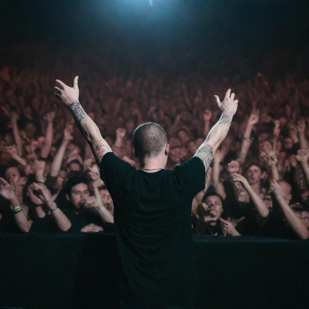 An electrifying concert scene featuring Russian rapper Oxxxymiron, with a sea of fans, striking stage lights and dynamic energy in the air.