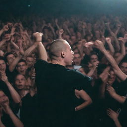 An electrifying concert scene featuring Russian rapper Oxxxymiron, with a sea of fans, striking stage lights and dynamic energy in the air.