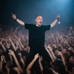 An electrifying concert scene featuring Russian rapper Oxxxymiron, with a sea of fans, striking stage lights and dynamic energy in the air.